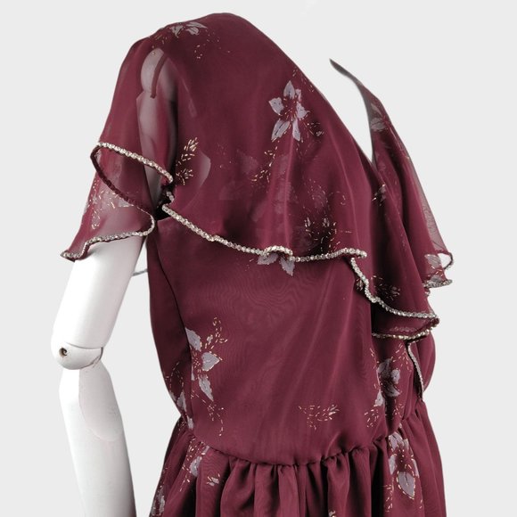 Vintage 1970s Romantic Sheer Ruffle Dress Burgundy Floral Rhinestone Trim Disco - Picture 7 of 12